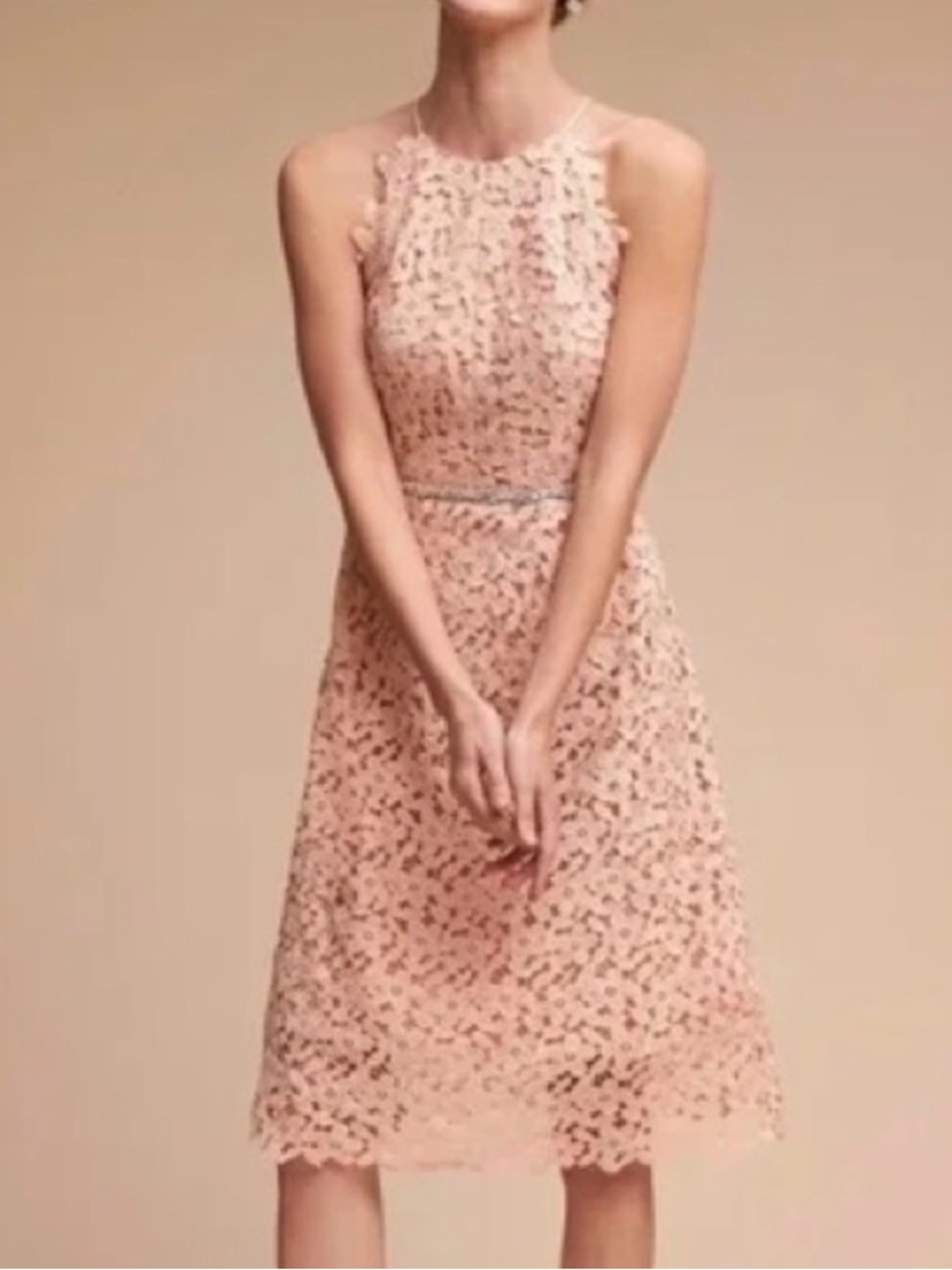 Like New! Gorgeous Anthropologie Hitherto Pink Lace Midi Dress  with High Neck
